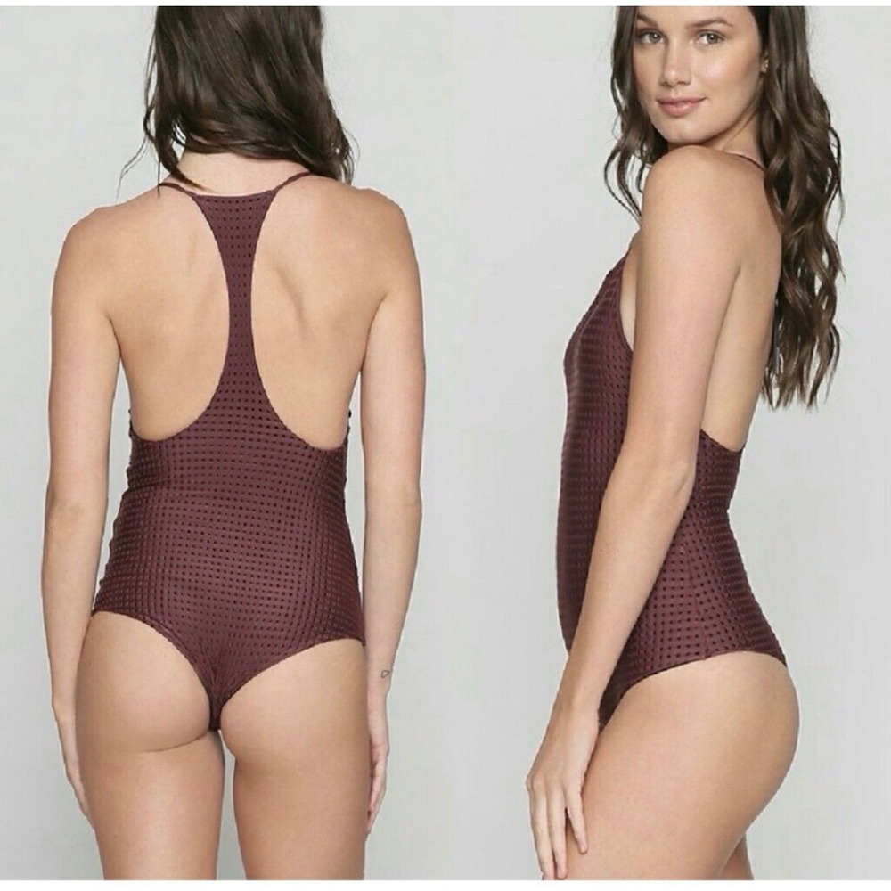 Acacia Sunset Mesh one piece bathing suit Blackberry/clay lining NEW NWT beach